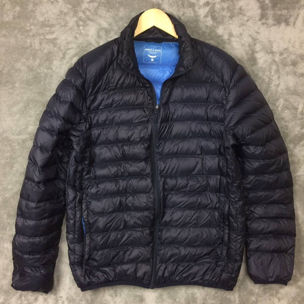 Harvey Jones Down Puffer Jacket Mens L Lightweight Packable Blue Camping Travel